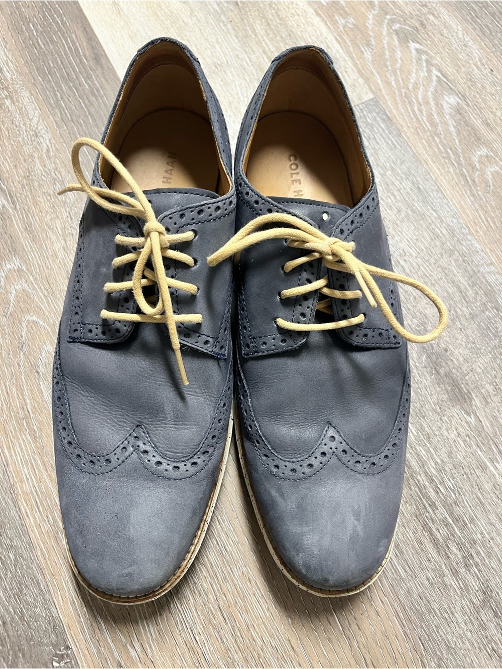 Cole Haan Gray Wingtip Derby Oxfords with Tan Laces